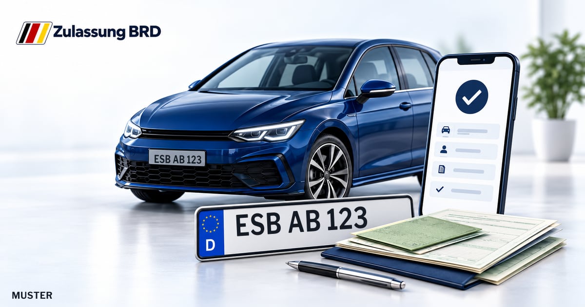 Online Fahrzeugzulassung in Neustadt a.d. Waldnaab: Musterkennzeichen ESB AB 123, Auto und Fahrzeugpapiere und Smartphone. Illustration mit Logo von Zulassung BRD.